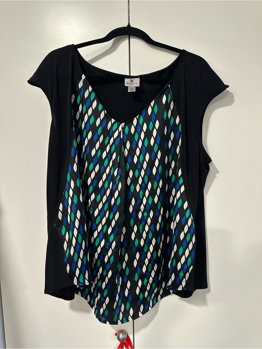 Worthington Black Mixed-Print Cap Sleeve Top in Black/Blue/Green